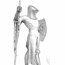 A man wearing a frog-mouth helm and a surcoat with scalopped sleeves stands leaning on a spear