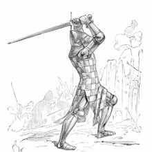 Fourteenth-Century soldier wearing a bascinet, a surcoat, and wielding a longsword with two hands