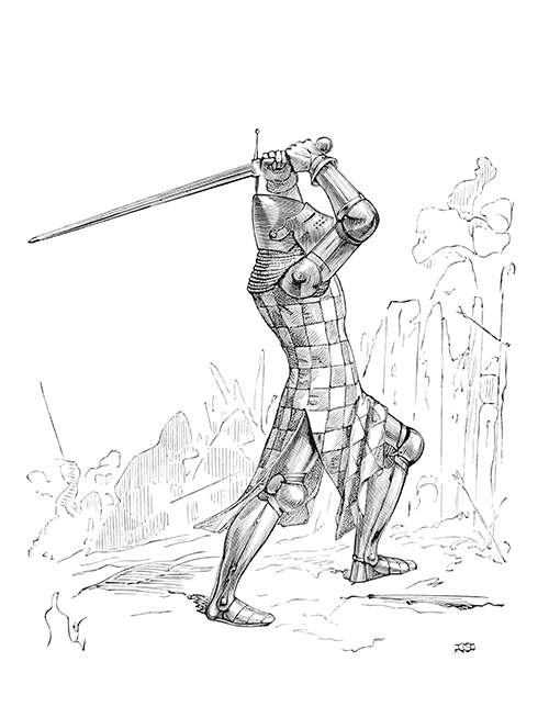 Fourteenth-Century soldier wearing a bascinet, a surcoat, and wielding a longsword with two hands