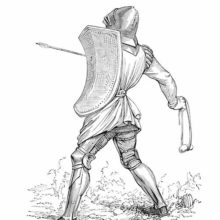 A Fifteen-century soldier in the army of the King of Castile is about to swing his sling