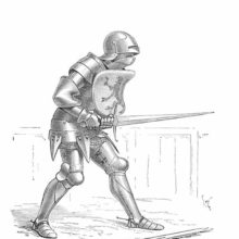 Fourteenth-Century soldier wearing plate armor, a sallet, and armed with a longsword and a shield