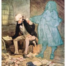 A man sitting surrounded by scrolls of papers and books is handed a document by a ghostly figure