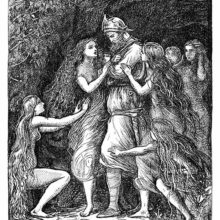 Tannhäuser stands at the entrance of a grotto, surrounded by women trying to make him stay