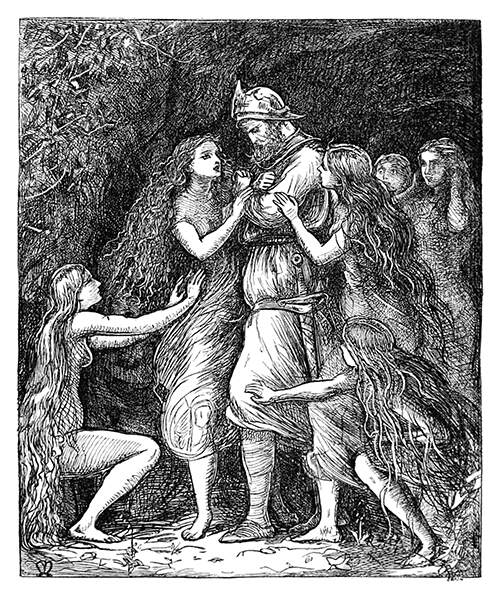 Tannhäuser stands at the entrance of a grotto, surrounded by women trying to make him stay