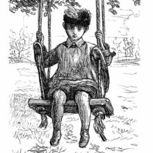 A boy with sad eyes and a feathered hat is sitting on a swing