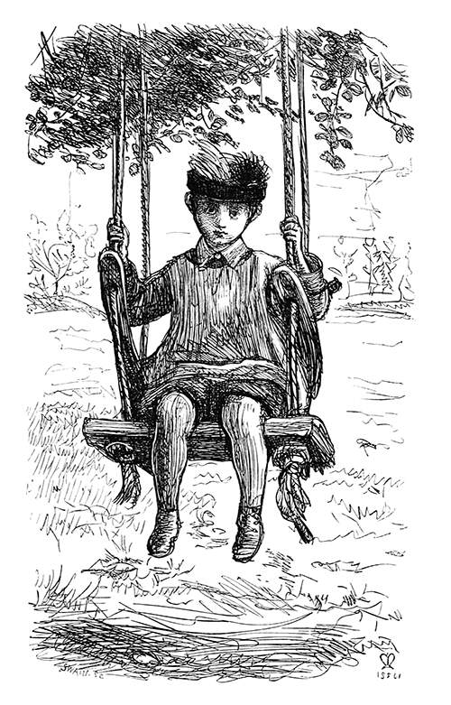 A boy with sad eyes and a feathered hat is sitting on a swing