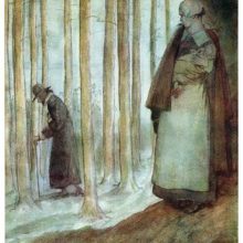 A woman stands in the woods, hiding under a rocky shelter as a silhouette passes at some distance