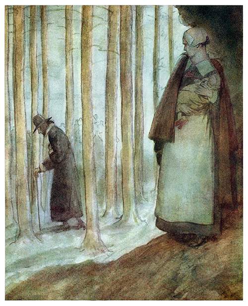 A woman stands in the woods, hiding under a rocky shelter as a silhouette passes at some distance