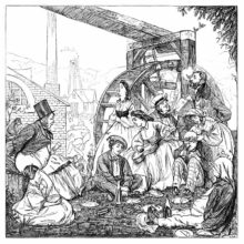 A group of people is seen at the end of a picnic by a large water-wheel, smoking, singing, etc.