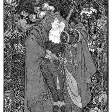 A man in extravagant garments strikes a pose in the midst of lush vegetation