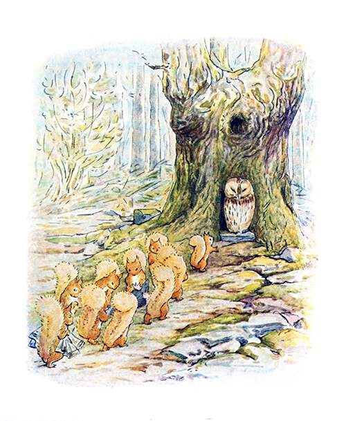 A procession of squirrels walks on a path leading to an owl sitting at the foot a its tree