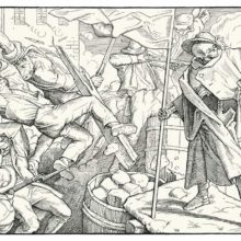 Fifth plate of Rethel’s Dance of Death showing Death on a barricade as insurgents fall fighting
