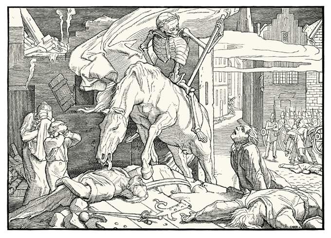 Sixth woodcut of Rethel's Dance of Death showing Death riding a horse after an insurrection