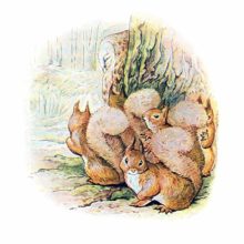 A group of squirrels has stopped by a tree, looking in all directions, as an owl sits nearby