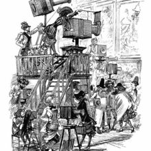 Artists are busy copying paintings using cameras they carry with them or have set up on platform