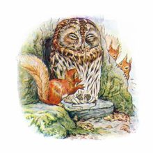 A sleepy owl sits with mice in its claws, heedless of the squirrels fluttering about