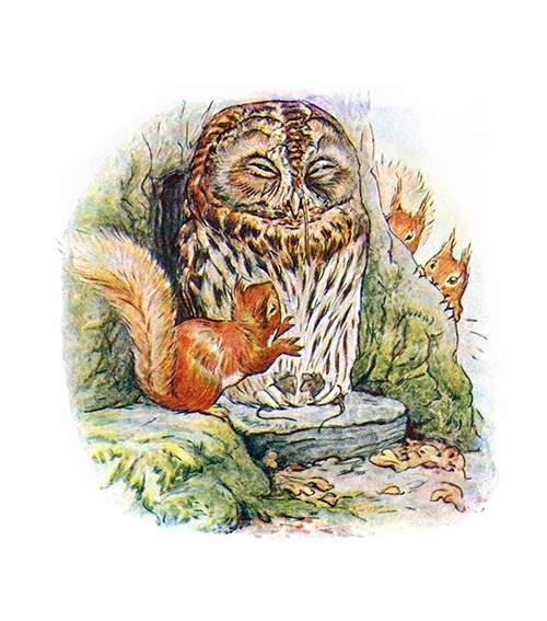 A sleepy owl sits with mice in its claws, heedless of the squirrels fluttering about