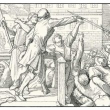 Fourth plate of Rethel's Dance of Death showing Death stirring up an uprising and offering a sword