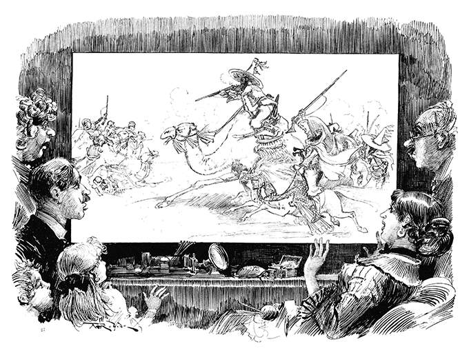 A group of people watches a screen showing a battle between people riding camels and horses