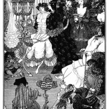 A woman is having her hair done by a veiled figure and other female assistants