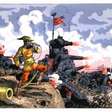 A man stands at the edge of a trench speaking into a microphone as war rages around him