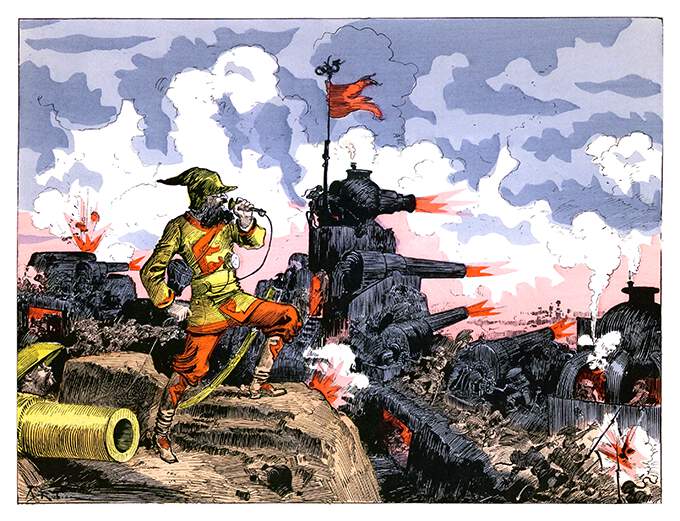 A man stands at the edge of a trench speaking into a microphone as war rages around him