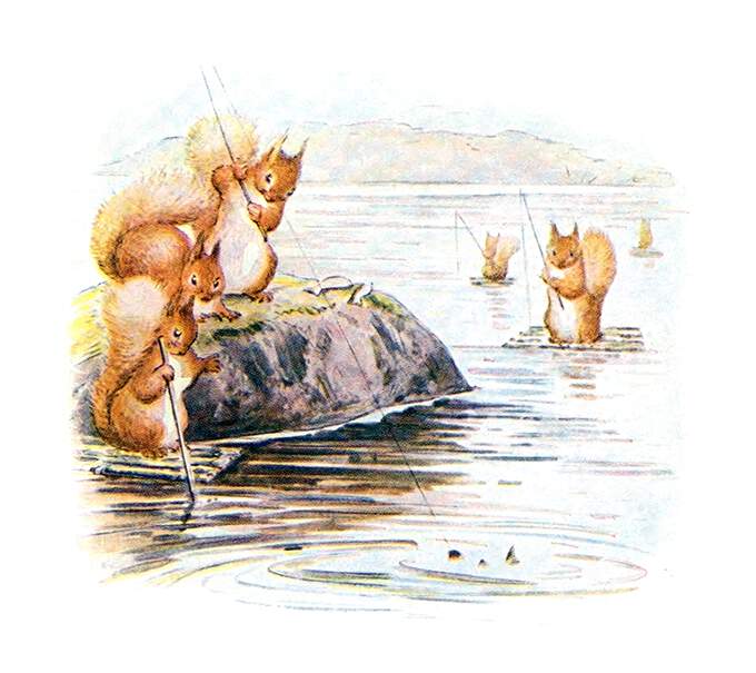 Squirrels are seen fishing in a lake, some standing on a rock, others on small rafts