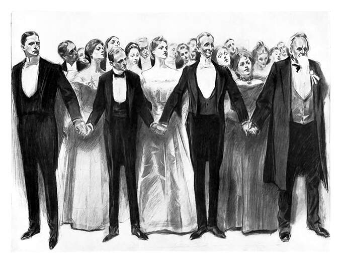 Four men in evening dress stand holding hands to contain a crowd of guests in similar attire