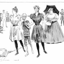 A short, skinny older man in a beach outfit walks holding the hands of his two tall daughters