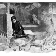 A boy in tattered clothes sleeps against a wooden box as the toys of his dreams whirl around him