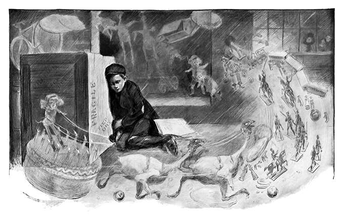 A boy in tattered clothes sleeps against a wooden box as the toys of his dreams whirl around him