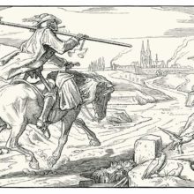 Plate two of Rethel’s Dance of Death shows Death traveling on horseback toward a walled city