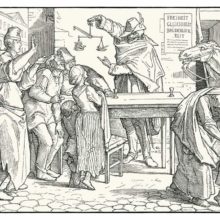 Plate 3 of Rethel’s Dance of Death where Death tells an audience crown and pipe are of equal weight