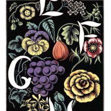 The letters E, F, G, H are drawn in white over a background of plants and fruit