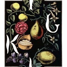 The letters I, J, K, L are drawn in white over a background of plants and fruit