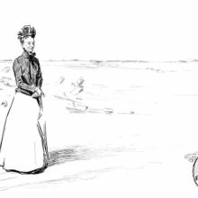 An older woman stands on a beach near the remains of a ship, a dreamy smile playing on her lips