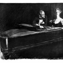 A woman sitting at a grand piano plays and sings under the gaze of a man leaning beside her