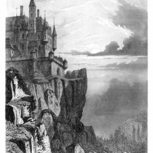 Landscape with a medieval castle standing on the edge of a cliff