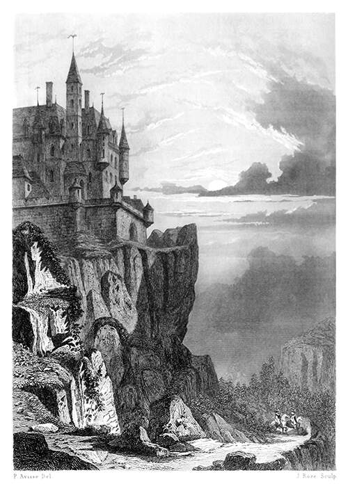 Landscape with a medieval castle standing on the edge of a cliff