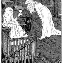 An older woman sitting by a staircase shows a spinning-wheel to a younger one