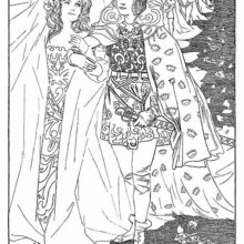 A princely couple stands in the foreground interlocking arms, followed by other couples