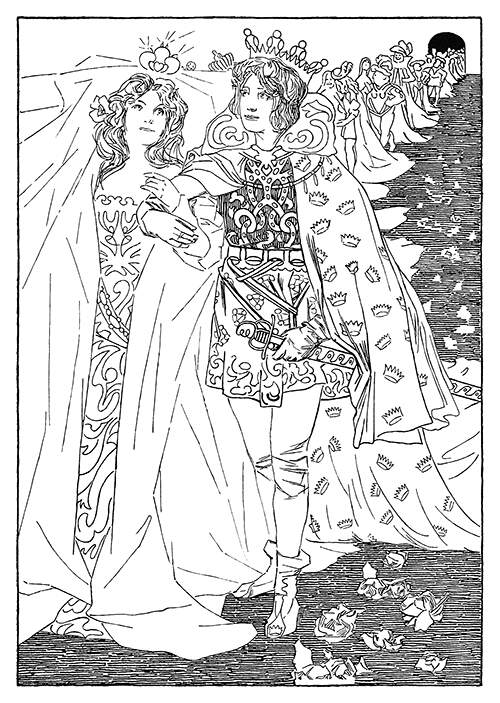 A princely couple stands in the foreground interlocking arms, followed by other couples