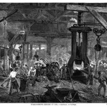 View of the forge at the Derosne & Cail Company showing workers heating and hammering metal parts