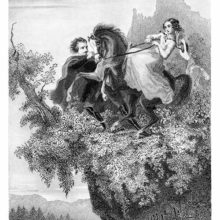 A woman rides a horse rearing up on the edge of a cliff as a man tries to control the animal
