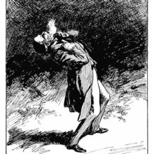 A man who has just been shot leans backward, about to fall down, his face turned toward the sky