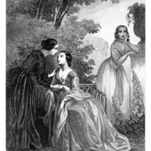 Three women are seen in a park, one chatting with another, the third one standing pensively apart