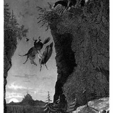 A rider and his horse are falling into a precipice as two men are talking on the edge of the cliff