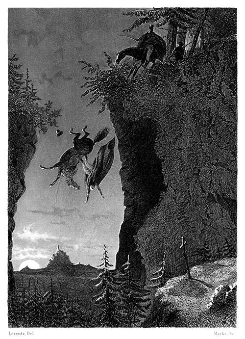 A rider and his horse are falling into a precipice as two men are talking on the edge of the cliff