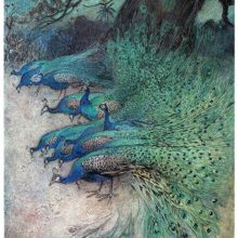 A number of peacocks peck the ground as two women watch them from inside the trunk of a tree