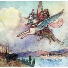 A woman and a man with a parrot on his shoulder ride winged horse flying over a wide river